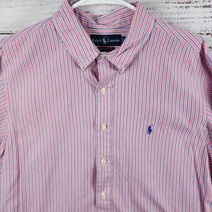 Ralph Lauren Custom Fit Button Up Shirt 17.5 32/33 Custom Pink Blue Striped
